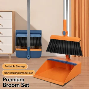 3-Piece Folding Broom Dustpan Set with Floor Squeegee for Home Kitchen Office and Pet Hair