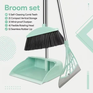 3-Piece Plastic Broom Dustpan Squeegee and Mop Floor Cleaning Kit with Soft Nylon Bristles