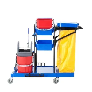 3 Shelf Wheeled Janitorial Cleaning Cart with Yellow Vinyl Bag Commercial Office and School Space Made of Durable Plastic