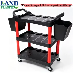 3 Tier Foldable Recycled PP Plastic Tool Cart Bottle Holes 2 Hanging Bins Mobile Auto Detailing Rolling Trolley Garage Workshop