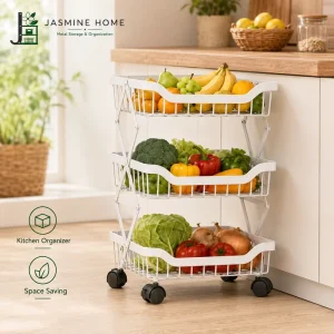 3 Tier Foldable Rolling Storage Cart Carbon Steel Modern Fruit Vegetable Basket Organizer with Wheels for Living Room