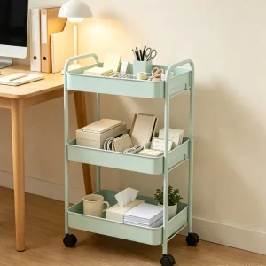 3-Tier Iron Rolling Storage Cart Mint Green Heavy Duty Mesh Baskets Wheels Eco Friendly Easy-Cleaning Modern Design for Clothing