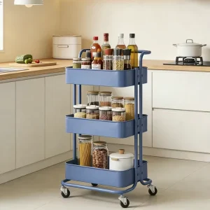 3 Tier Metal Rolling Storage Cart Navy Blue White Black Utility Trolley with Wheels for Kitchen Bathroom Office