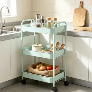 3 Tier Metal Rolling Utility Cart Mint Green Heavy Duty Storage Trolley Mesh Baskets Wheels Kitchen Bathroom Modern Eco Friendly