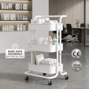 3 Tier Nursery Rolling Cart Mobile Diaper Station Organizer Metal Utility Trolley with Wheels for Infant Room
