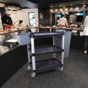 3 Tier Plastic Food Serving Trolley 4 Wheels 30 50kg Capacity LFGB Certified Hotel Restaurant Cleaning Cart for Service Storage