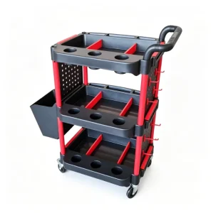 3 Tier Plastic and Aluminium Car Detailing Cart with Locking Casters Mobile Utility Tool Cart for Car Wash Polishing Garage Repair