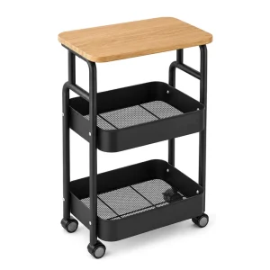 3 Tier Rolling Cart with Wood Top Metal Mesh Storage Baskets Mobile Utility Cart with Wheels Kitchen Bathroom Snack Side Table