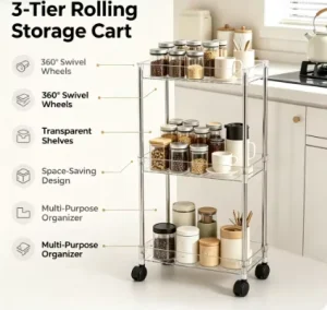 3 Tier Rolling Storage Cart Transparent Shelves 360 Swivel Wheels Multi Purpose Organizer for Kitchen Bathroom