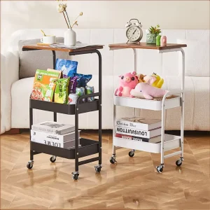 3 Tier Rolling Storage Cart with Wooden Tabletop Multifunctional Metal Trolley with Lockable Wheels for Kitchen