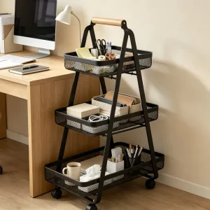 3 Tier Trapezoidal Iron Metal Mesh Rolling Utility Cart Wooden Handle Multifunctional Cleaning Storage for Kitchen Bathroom