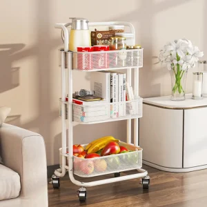 3 Tiers Kitchen Metal Rolling Utility Cart Mobile Small Rolling Cart Storage Trolley 3 Drawers Storage Cart