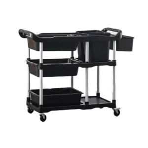 3 Tiers Service Cart with Rubbish Bin School Dining Room Plastic Food Trolley Cart