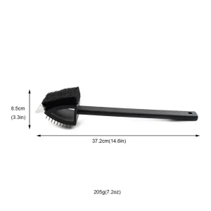 3 in 1 BBQ Grill Brush with Sponge & Scraper 201 Steel Wire + 430 Blade PP Handle 14.6″ Long 205g Lightweight Cleaning Tool
