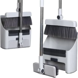 3-in-1 Broom and Dustpan Set with Adjustable Long Handle, Gray