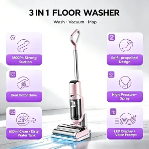 3-in-1 Cordless Wet-Dry Floor Washer Vacuum Cleaner 1800Pa Self-Propelled with LED Voice Prompt