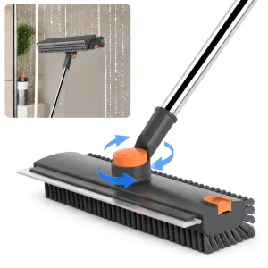 3 in 1 Floor Scrub Brush with Squeegee 360 Degree Rotating Long Handle Cleaning Brush for Bathroom Tile Shower Glass and Floor