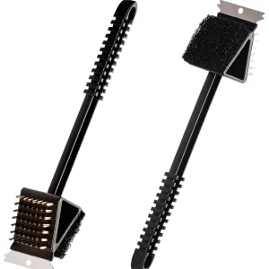 3-in-1 Stainless Steel Grill Brush Scraper Scrub Pad 14.5″ Plastic Handle Outdoor BBQ Cleaning Brush for Charcoal Grills