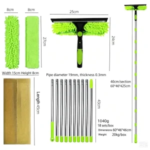 3 in 1 Window Washing Kit with 10 Extension Pole 2 Microfiber Cloth Brush and Squeegee Telescopic Window Cleaner Tool