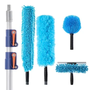 30 Foot High Reach Aluminum Telescopic Duster Kit with Extendable Handle Microfiber Fabrics Fan and Window Cleaning Tools