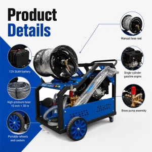 30L min Gasoline Sewer Jetting Machine 150Bar High Pressure Drain Cleaning Machine Sewer Jetter for Sewer Drain