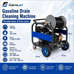30L min Gasoline Sewer Jetting Machine 150Bar High Pressure Drain Cleaning Machine Sewer Jetter for Sewer Drain