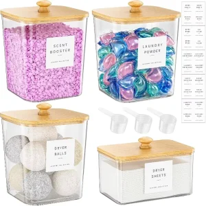 3+1 Pack Bamboo and Acrylic Laundry Pods Container Holder for Scent Booster