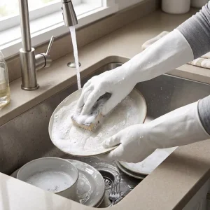 33cm 75g Medium Reusable Waterproof Flocking Nitrile Rubber Gloves White for Cleaning