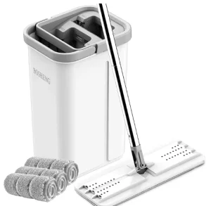 360-Degree Rotating Flat Mop and Bucket with Self-Washing and Squeeze-Drying