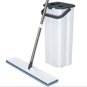 360-Degree Rotating Mop Set with Stainless Steel Rod, Microfiber Head, Plastic Flat Bucket and Self-Wringer