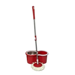360-Degree Rotating Spin Mop with Red Bucket and Stainless Steel Handle