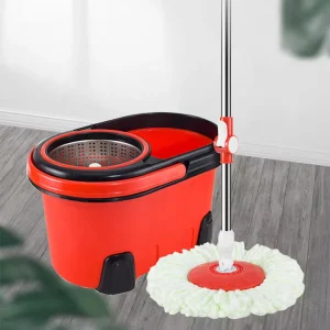 360 Rotating Extensible Steel Pole Rectangular House Cleaning Mop Set with Metal Basket Mop Head Self Wringer Dual Drive