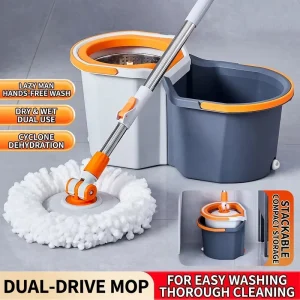 360 Rotating Spin Mop Bucket Set with Wet Dry Dual Bucket Centrifugal Dry Telescopic Stainless Steel Pole Detachable Stackable