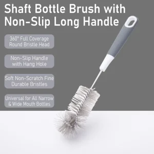360 Round Bristle Full Coverage Bottle Brush Non Slip Long Handle Bottle Cleaning Brush