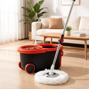 360° Swivel Head Foot Operated Spin Bucket and 2 Washable Microfiber Pads Spin Mop Set for Home Floor Cleaning
