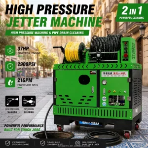 37 HP 200 Bar 2900 psi 21 GPM Sewer Jetter with Integrated Water Tank High Pressure Drain Pipe Cleaning Machine