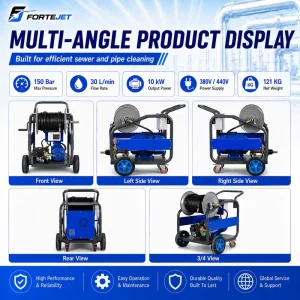 380V 440V Electric Water Jetter Machine 150Bar 30L min Reel Pipe Cleaner Sewer Jetter for Blocked Drain