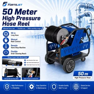 380V 440V Electric Water Jetter Machine 150Bar 50L min Reel Remote Pipe Cleaner for Blocked Drain Pipe