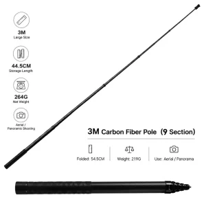 3M Carbon Fiber Extension Pole 9 Sections Heat Shrink Handle 133g 44.5cm Folded Telescopic Rod Aerial Panoramic Camera