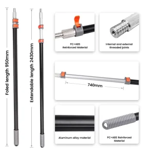 3Sections 95-243cm Extendable Telescopic Aluminum Rod with Multi-purpose Interchangeable Head Extension Rod