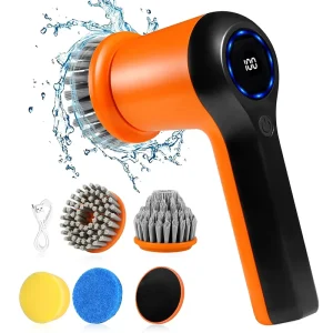 4-Head Dual-Speed IPX7 Waterproof Cordless Electric Power Scrubber with 2-Hour Battery, Plastic Cleaning Brushes for Floors, Tiles, and Tubs