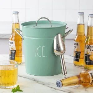 4 Quart Sage Metal Ice Bucket with Scoop and Solid Lid for Parties and Camping
