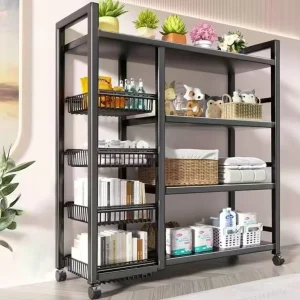 4 Tier Moveable Steel Shelving with Wheels Multi Function Household Metal Kitchen Islands & Carts for Toys Storage Organization
