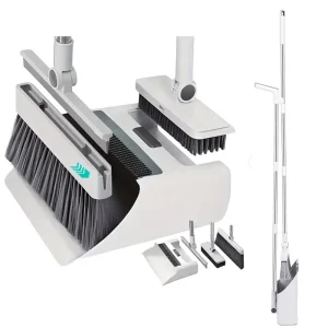4 in 1 Broom and Dustpan Combo Set with Long Plastic Handle Stainless Steel White Gray 25-34in for Outdoor Indoor Use