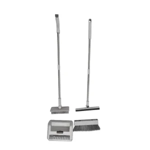 4-in-1 Broom and Dustpan Set with Rubber Scraper, Brush, 180° Rotation, and 4-Row Bristles