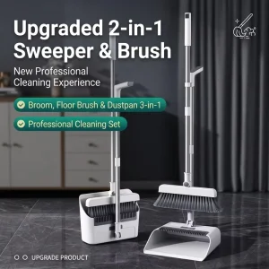 4 in 1 Multifunctional Broom and Dustpan Set with Built in Squeegee 180 Rotating Head Self Cleaning Comb Teeth Upright Set