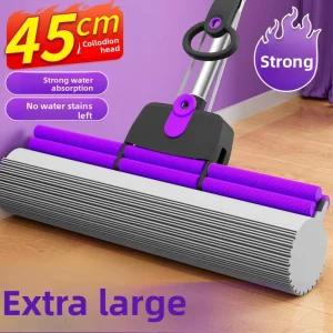 45cm Telescopic Rubber Sponge Mop with Hands-Free Spin Wringing and Plastic Tray
