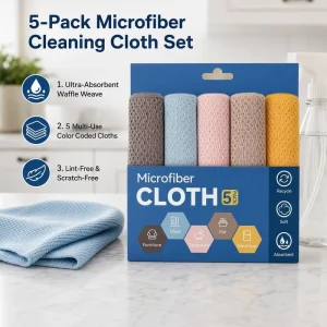 5 Pack Microfiber Cleaning Cloth Set Ultra Absorbent Waffle Weave Lint Free Scratch Free Color Coded Cleaning Cloths