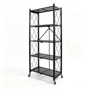 5 Tier Rolling Cart Folding Shelf Collapsible Black Metal Rack with Wheels for Kitchen Laundry