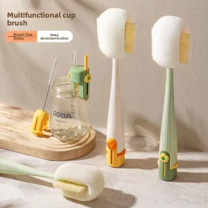 5-in-1 Long-Handle Plastic Cup Brush for Thermos Cups, Lids, and Baby Bottles